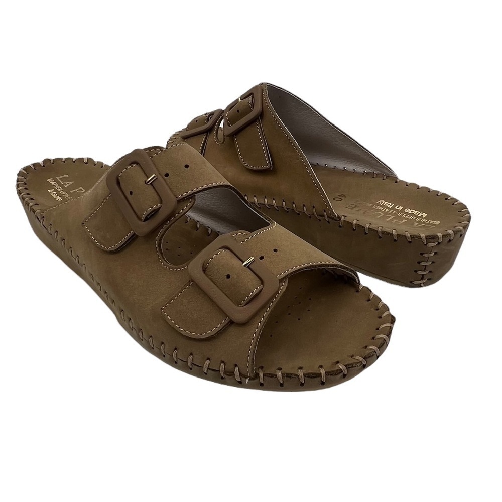 La Plume Brown Leather Slide Wedge Slip On Sandals Size 40 Women's